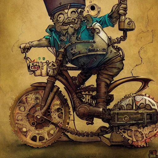 Prompt: Graffiti Spraypaint A gnome gnome riding a steampunk automaton clockwork golem golem jim lambie anato finnstark james gurney norman rockwell greg rutkowski basquiat alberto sughi tombow
