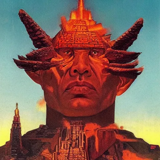 Image similar to giant mayan joe biden!!!!!!!!!!!!!!!!!!!!!!!! with flaming eyes standing over city, perfectly clear face, by j. c. leyendecker and beksinski