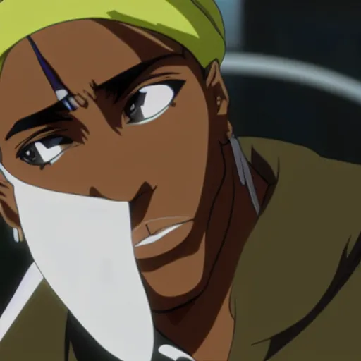 Image similar to Tupac Shakur, screenshot from a 2012s anime