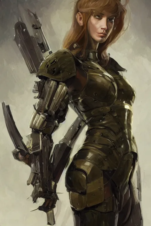 Image similar to a professionally painted portrait of an attractive young woman, clothed in military armor, olive skin, long dark hair, beautiful bone structure, symmetrical facial features, intricate, elegant, digital painting, trending on Artstation, concept art, smooth, sharp focus, illustration, from Metal Gear by Ruan Jia and Mandy Jurgens and Artgerm and William-Adolphe Bouguerea, award winning