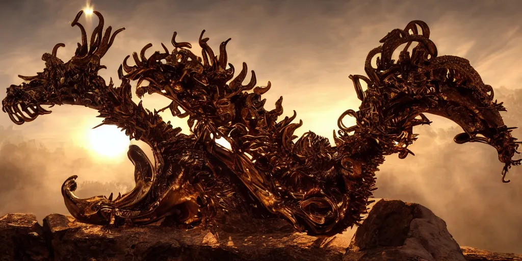 Image similar to ribs and spines and teeth, gold ram horns, copper goat skulls, grand imposing powerful sculpture. swirls of mist. sunrise, intense light beams, lens flare. occult photorealism, uhd, amazing depth, volumetric lighting, cinematic lighting. epic landscape.