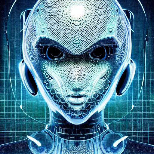 Prompt: an insanely detailed cibernetic artwork of a futuristic artificial intelligence superstar, centered image, perfectly symmetrical alien face, extremely detailed texture, with frames made of detailed fractals, octsne render, 4k, insanely detailed, detailed grid as background, cgi