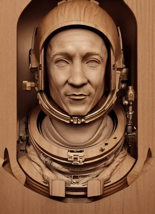Prompt: high intricate bust of an astronaut carved from wood in baroque style, studio light, maria panfilova, andrea savchenko, mike kime, ludovic plouffe, qi sheng luo, oliver cook, trending on artstation
