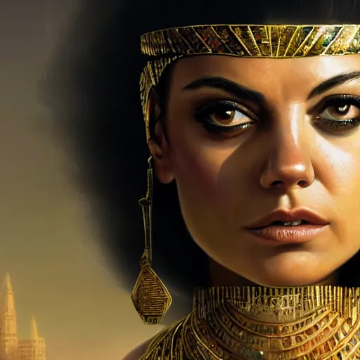 Image similar to closeup portrait of a mila kunis leigh as cleopatra, palace background, dramatic light, gorgeous view, depth, high detail, digital art, painted by greg rutkowski, trending on artstation