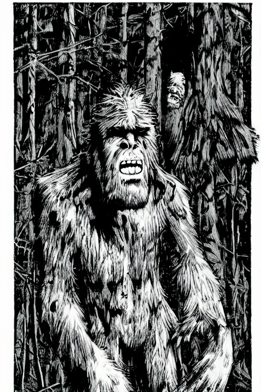 Image similar to mad bigfoot screaming in the woods artwork by ben templesmith