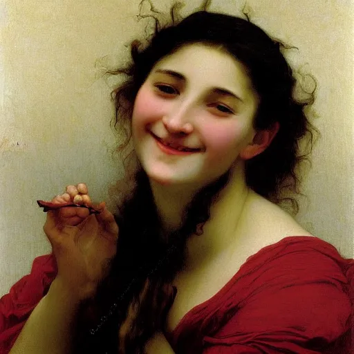 Prompt: woman so happy, her face hurts, by bouguereau