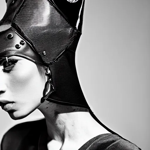 Image similar to fashion photography of model with the head of a doberman, wearing futuristic hip - hop fashion, inside berghain, futuristic fashion, photo 3 5 mm leica, hyperdetail, 8 k, very detailed, black and white