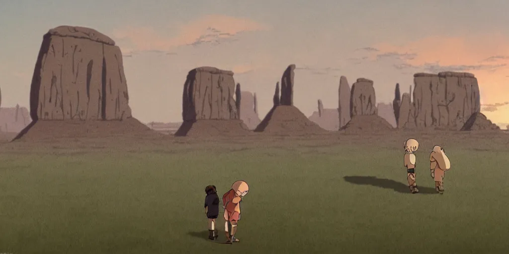 Image similar to a realistic cell - shaded studio ghibli concept art from paprika ( 2 0 0 6 ) of a hairless ape from close encounters of the third kind ( 1 9 7 7 ) in a flooded monument valley stonehenge. very dull colors, wide shot, hd, 4 k, hq