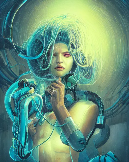 Image similar to muted, minimal, a cyberpunk close up portrait of cyborg medusa, electricity, snakes in hair, sparks, bokeh, soft focus, skin tones, warm, sky blue, daylight, by paul lehr, jesper ejsing