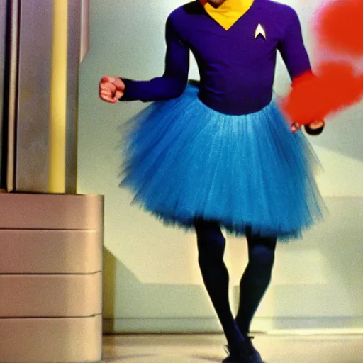 Image similar to color photo of spock in a tutu exiting the tardis