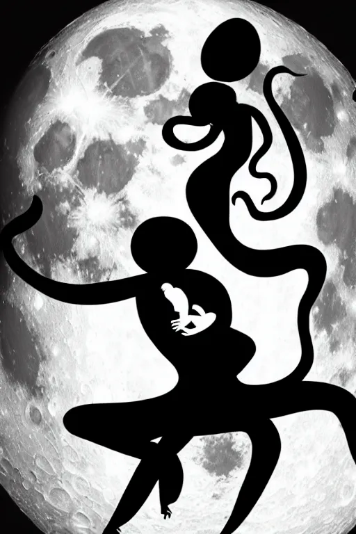 Prompt: the background is a huge moon. in the night environment, a man jumps into the air with a woman in his arms. in the middle of the moon are two figures in black silhouettes. at the bottom of the picture are some dancing octopus tentacles