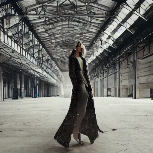 Image similar to robot runway model, hyper detailed ultrasharp beautiful, robotic face, long curly hair, wearing a long tan coat, high fashion, haute couture, cluttered abandoned warehouse environment, dramatic lighting, octane render, 8 k