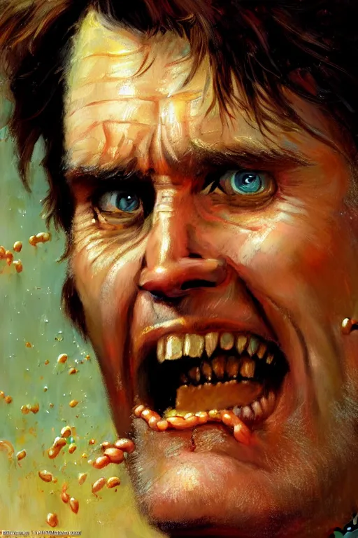 Prompt: jim carrey eating baked beans and laughing, extreme close up, high detail, insane face, portrait dnd, painting by gaston bussiere, craig mullins, greg rutkowski, yoji shinkawa