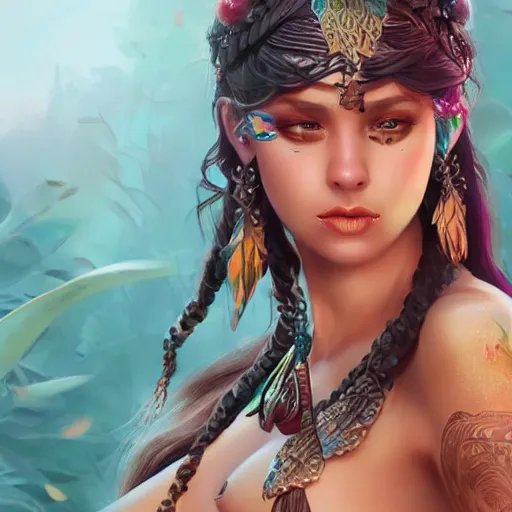 Image similar to very beautiful female tribal warrior next to a beautiful mermaid, happy appearance, ioyful vibe and lighting, cgsociety, artstation, in the style of artgerm