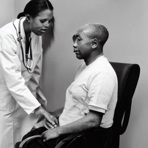 Prompt: a man sitting on a chair having his blood pressure measured by a nurse