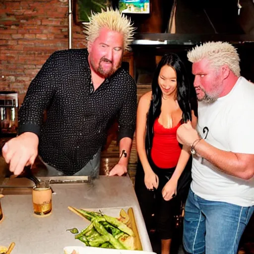 Image similar to olivia munn and guy fieri cooking in a restaurant