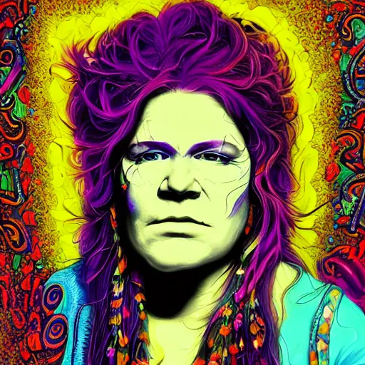 Image similar to An extremely psychedelic portrait of Janis Joplin, surreal, LSD, face, detailed, intricate, elegant, lithe, highly detailed, digital painting, artstation, concept art, smooth, sharp focus, illustration