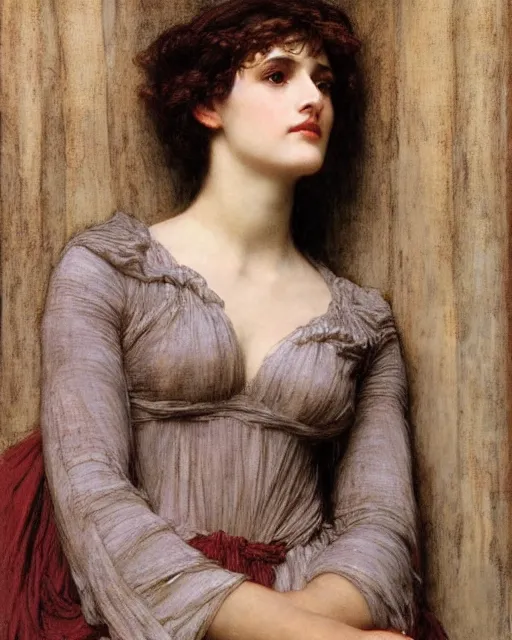 Prompt: portrait en buste of winona ryder in repose by John William Waterhouse, Frederic Leighton, true-to-life, flowing realistic fabric, abundant detail