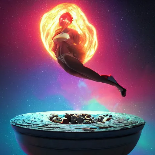 Prompt: An epic fantastic realism comic book style painting of the most beautiful spiraling human poops launched across the dark and starry galaxy, floating bouquets, fisheye lens, unreal 5, DAZ, hyperrealistic, octane render, dynamic lighting