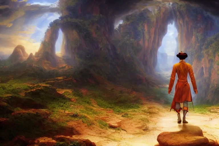 Image similar to a detailed 3 d render of bruno from encanto walking throug the astral gate to eternity, 1 8 th century south america, octane render, 8 k, volumetric lighting, in the style of disney, art by albert bierstadt and thomas moran