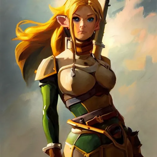 Image similar to greg manchess portrait painting of armored female link from legend of zelda as overwatch character, medium shot, asymmetrical, profile picture, organic painting, sunny day, matte painting, bold shapes, hard edges, street art, trending on artstation, by huang guangjian and gil elvgren and sachin teng