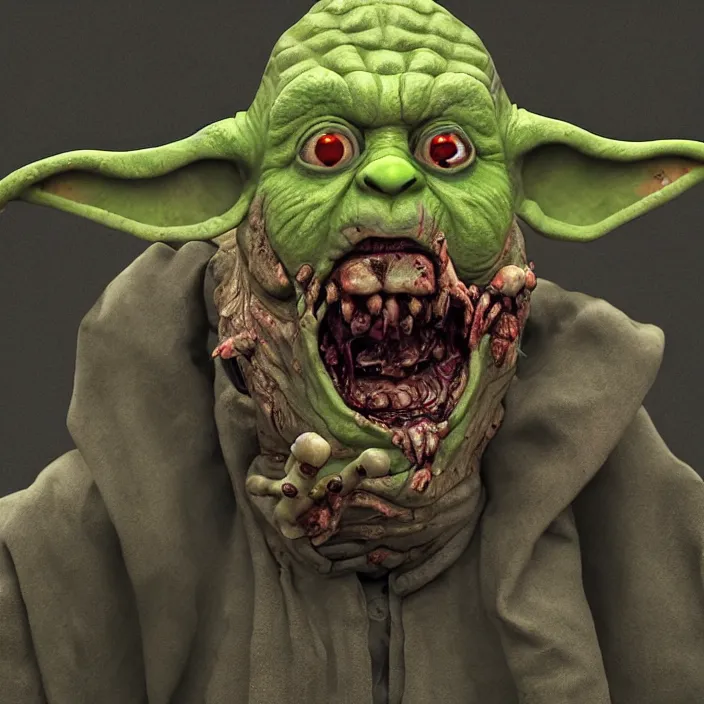 Image similar to zombie yoda, yoda as a zombie, zombified, scary, hyperrealistic, digital render, octane, artstation