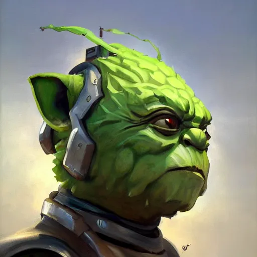 Image similar to greg manchess portrait painting of armored yoda as overwatch character, medium shot, asymmetrical, profile picture, organic painting, sunny day, matte painting, bold shapes, hard edges, street art, trending on artstation, by huang guangjian and gil elvgren and sachin teng