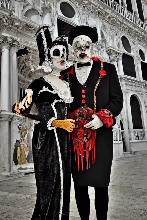 Image similar to a portrait photo of two persons dressed for the carnival of Venice, creepy, edvard munch, wide angle, contemporary and recent