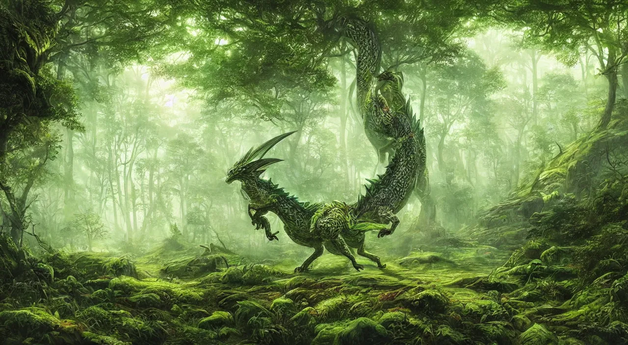 Prompt: A beautiful, highly detailed, very realistic, very vibrant, watercolor painting of a huge ancient Acid Dragon with lots of bright green scales sneaking around in a dense green forest with lots of trees at dusk. Vibrant dark green and lime green color scheme, realistic, by Greg Rutkowski and Thomas Kinkade.