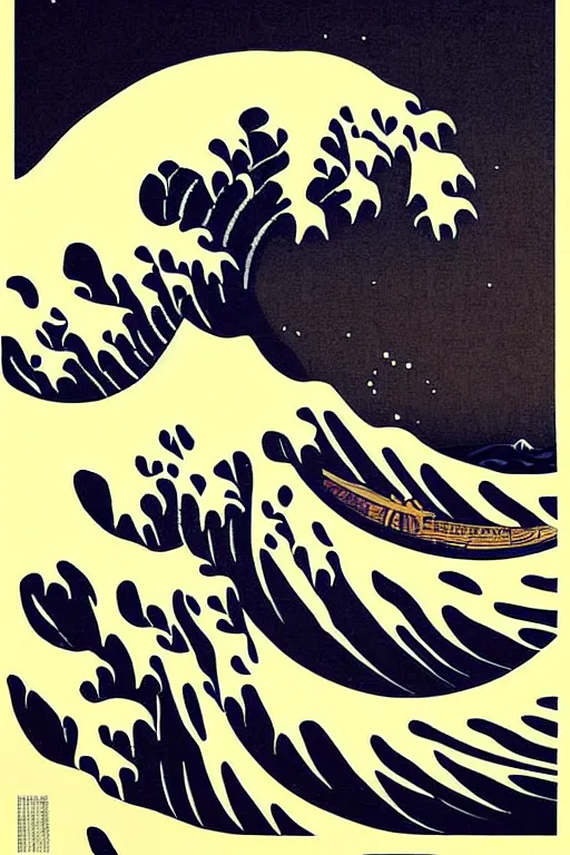 Image similar to Shepard Fairey Poster of The Great Wave off Kanagawa, Moon in the background, fine art photography