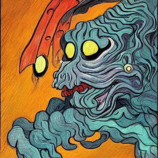 Prompt: whimsical silly detailed painting of a terrifying demon, in the style of studio ghibli and moebius and claude monet and vincent van gogh