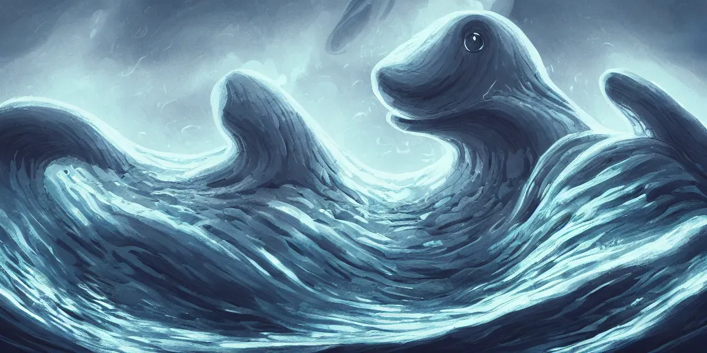 Image similar to of a stormy ocean with strange cute friendly happy creatures with huge eyes, mouth, long tongue, round teeth and goofy face, appearing from the background, in the style of gehry and gaudi, macro lens, shallow depth of field, ultra detailed, digital painting, trending artstation, concept art, illustration, cinematic lighting, photorealism, epic, octane render