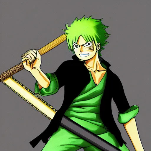 Prompt: zoro from one piece using three giant bananas as swords, anime, full color