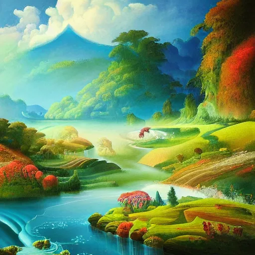 Image similar to A beautiful painting of of a landscape. It is a stylized and colorful view of an idyllic, dreamlike world with rolling hills, peaceful looking animals, and a flowing river. The scene looks like it could be from another planet, or perhaps a fairy tale. by Hsiao-Ron Cheng, by Paul Gustav Fischer improvisational