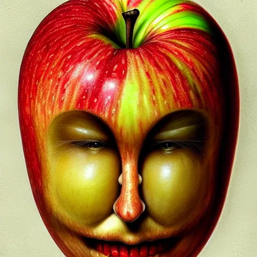 Image similar to apples arranged in the shape of a face, fantasy, intricate, elegant, highly detailed, lifelike, photorealistic, digital painting, artstation, illustration, smooth, sharp focus, art by giuseppe arcimboldo