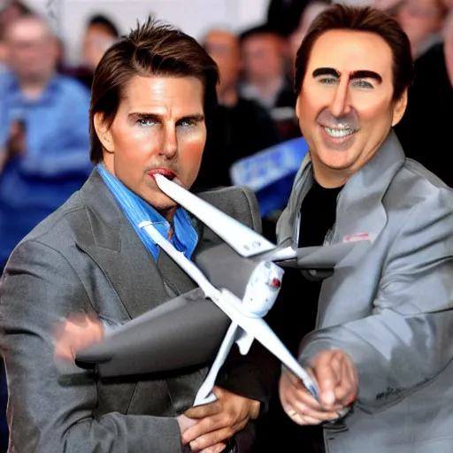 Image similar to tom cruise and nicholas cage racing remote control airplanes