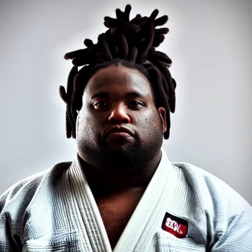 Image similar to photo of chubby black bjj athlete with long dreads posing, serious face, white belt, professional photo