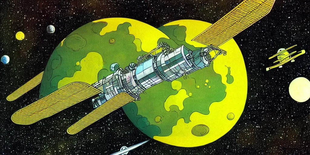 Prompt: A 1970s space station floating above a green and yellow planet in space, detailed illustration, Moebius