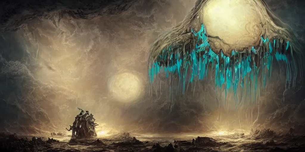 Image similar to concept art of giant translucent glowing jellyfishes, lovecraftian divers, lots of teeth, melting horror, round moon, rich clouds, fighting the horrors of the unknown, high resolution, very detailed, roaring, volumetric light, mist, grim, fine art, decaying, textured oil over canvas, epic fantasy art, very colorful, ornate, anato finnstark