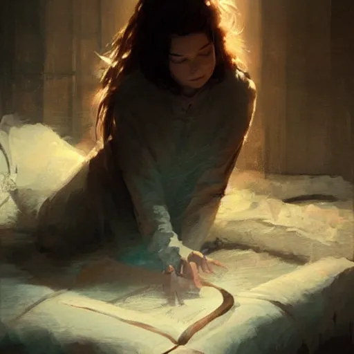 Image similar to A young female wizard, accidentally casting her first spell while practicing in bed, magic crackling from her fingertips, fantasy art by Greg Rutkowski