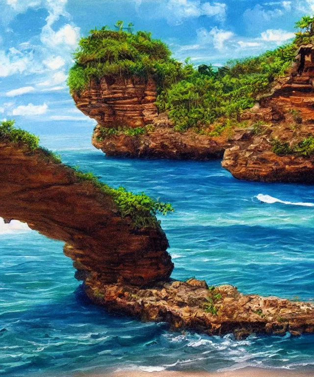 Prompt: photorealistic painting of turtle bay beach jamaica, sharp cliffs, island with cave, dark, atmospheric, brooding, smooth, finely detailed, cinematic, epic, in the style of clyde caldwell