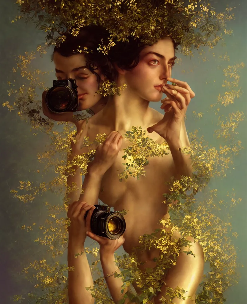 Image similar to hyper realistic photographer looking through a vintage medium format camera, magic pouring from lens, full body pose, design on white background, beautiful details, lush foliage cyberpunk, gold, drawn by john singer sargent, tom bagshaw, norman rockwell, alphonso mucha, lolish, trending on artstation