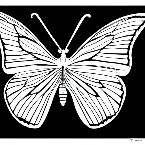 Prompt: butterfly, black and white, botanical illustration, black ink on white paper, bold lines