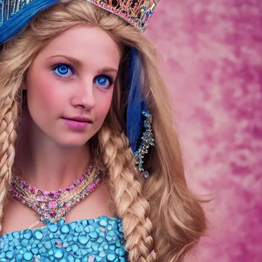 Prompt: close up headshot of a princess with long blonde hair and blue eyes wearing a strapless elaborately beaded pink dress, high resolution film still, 8k, HDR color, film by Simon Langton and David Frankel, diamond shaped face