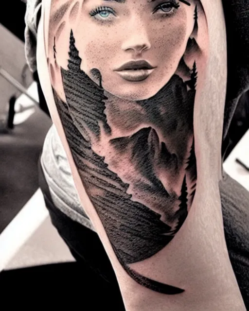 Image similar to double exposure effect tattoo design sketch of megan fox with amazing mountain scenery, realism tattoo, in the style of den yakovlev, amazing detail, sharp