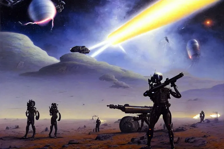 Image similar to Epic science fiction landscape. In the foreground is futuristic anti-air artillery firing into the sky, in the background an alien spaceship is escaping. An officer stands next to the artillery pointing upwards. Stunning lighting, sharp focus, extremely detailed intricate painting inspired by Mark Brooks and by Moebius