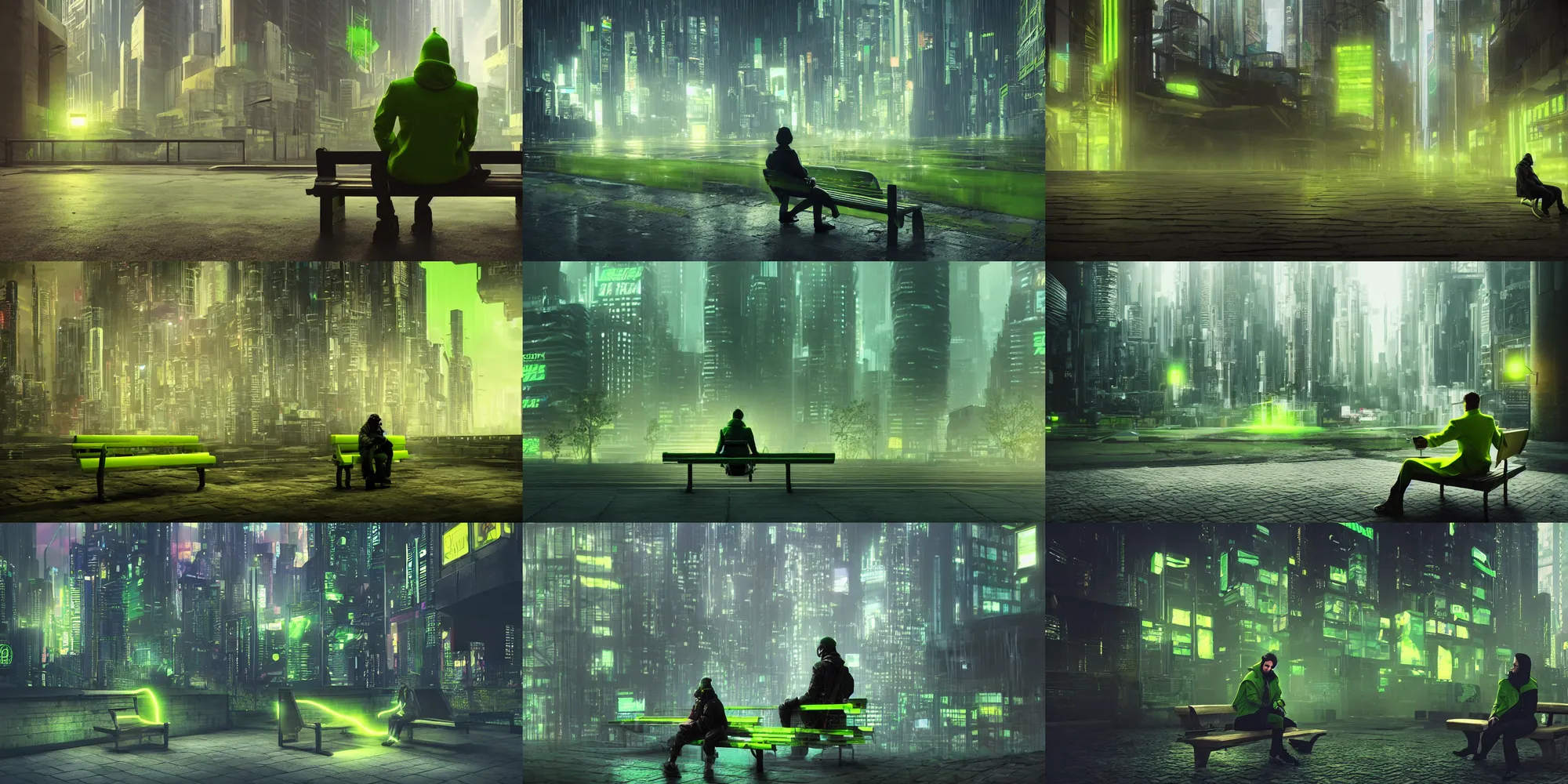 Prompt: Lone adventurer in a lime green coat sitting on a bench in a cyberpunk dystopian megalopolis, beautiful digital art, dramatic volumetric lighting, epic composition, detailed, 4K ultra HD, Octane render