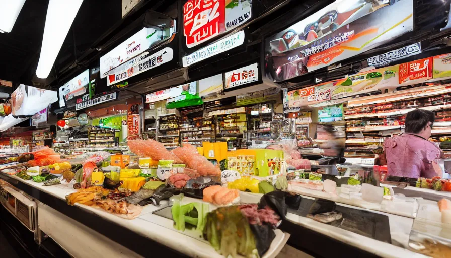 Image similar to A small stand selling sushi stands in a large supermarket that sells groceries, cinematic lighting, commercial photography