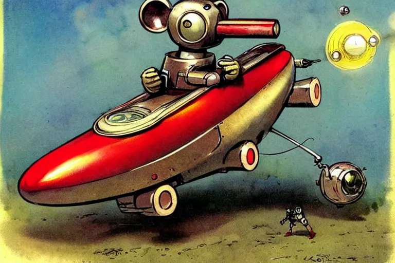 Image similar to adventurer. 1 9 5 0 s retro future robot android mouse rv rocket sled robot. muted colors.. by jean baptiste monge. chrome red