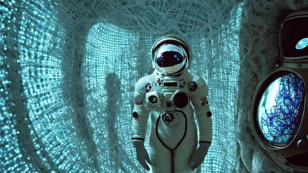 Image similar to a cybernetic symbiosis of a single astronaut eva suit made of pearlescent wearing knitted yarn thread infected with diamond 3d fractal lace iridescent bubble 3d skin covered with stalks of insectoid compound eye camera lenses floats through the living room, film still from the movie directed by Denis Villeneuve with art direction by Salvador Dalí, wide lens,